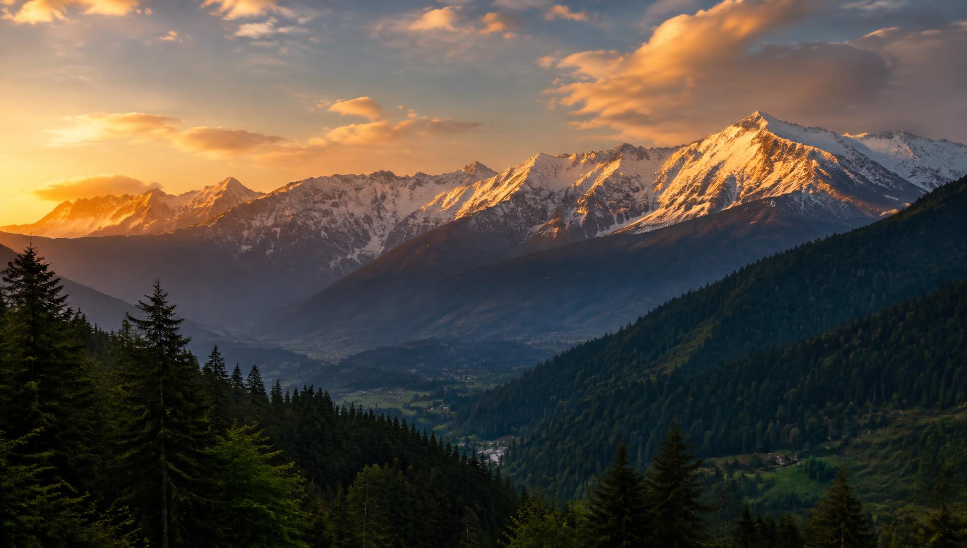 Snow-capped Himalayan peaks above a pine valley in Himachal Pradesh at golden hour